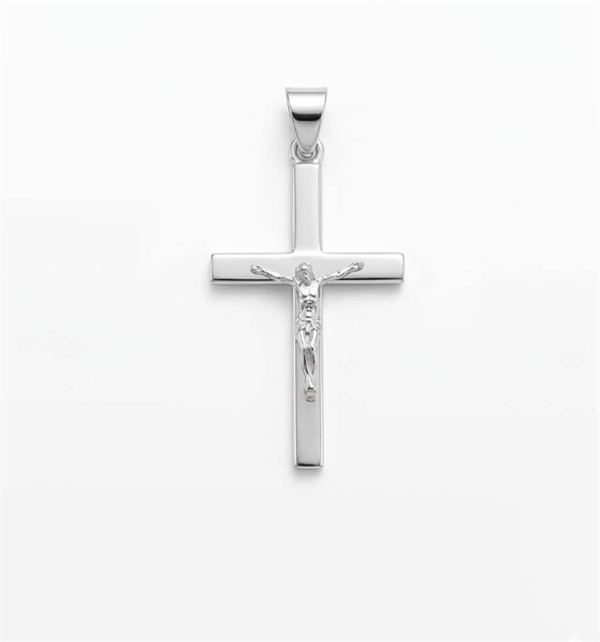 Bredt stolpe kors med Jesus fra BNH i blank sterling sølv, Lille - 13 x 21 mm